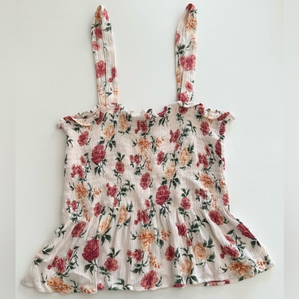 American Eagle Floral Peplum Smocked Cami Tank Top Blush Size Medium